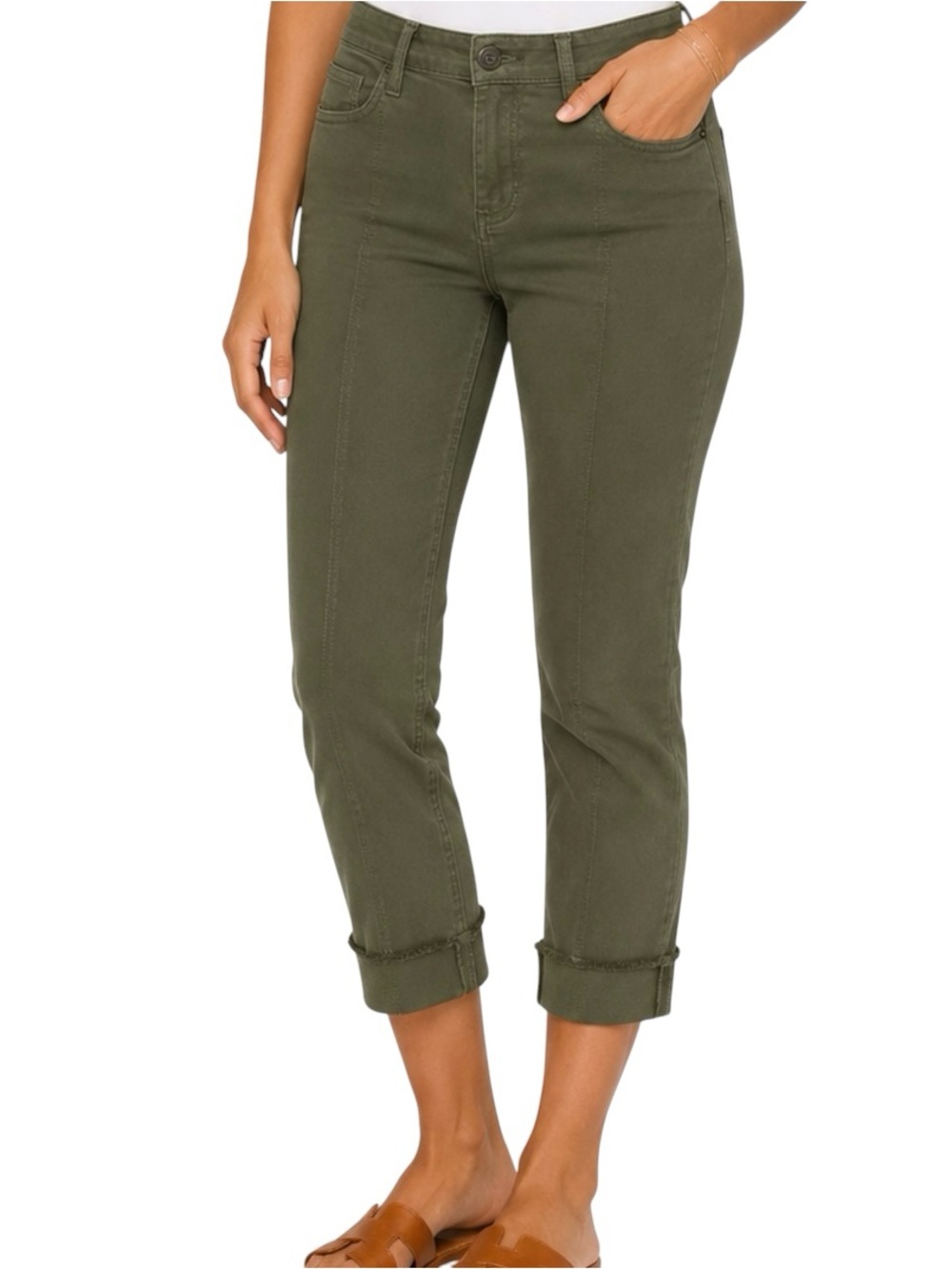 Kut From The Kloth Amy Crop Straight Leg Olive Green Front Seam Cuffed Jeans 10